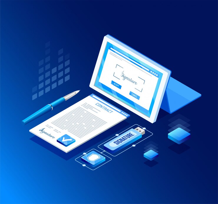 Vector digital contract. virtual signature. illustration in isometric style.