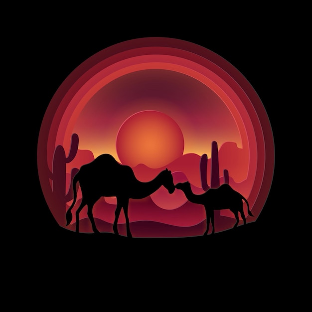 Vector digital craft style of camels and desert in the evening.