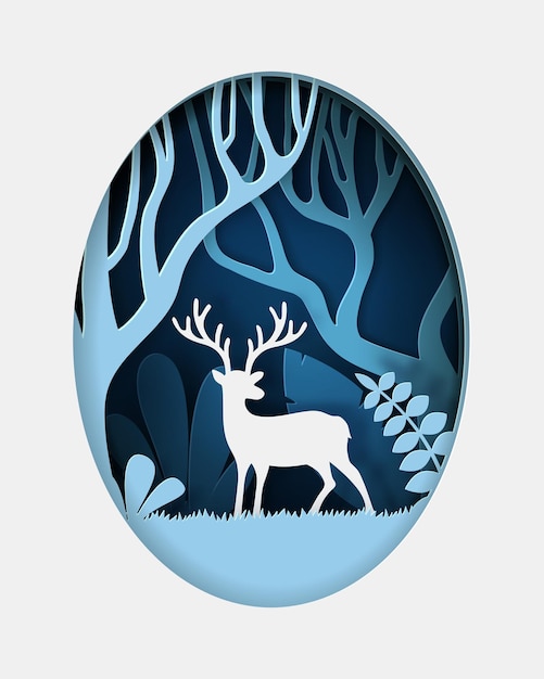 사슴과 그린 에코 숲의 디지털 공예 스타일