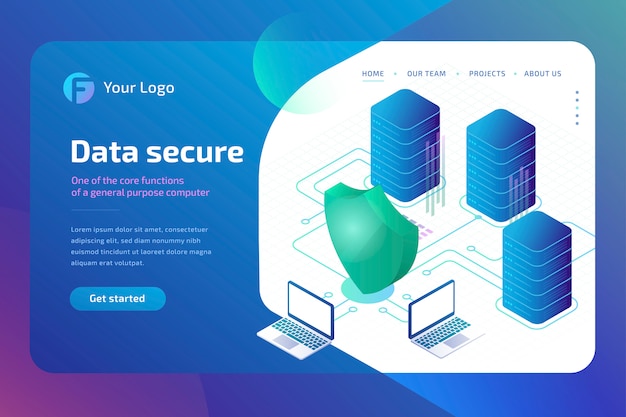 Digital data secure and data security concept. cyber security Landing page template.  isometric