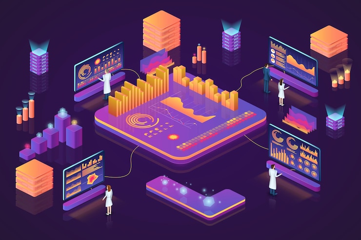 Vector digital data technology isometric 3d infographics dashboard analysis and business process web database and people searching solution cubes and statistic charts vector background