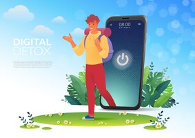 digital detox banner of man walks out from smartphone screen with turning off sign pursues nature
