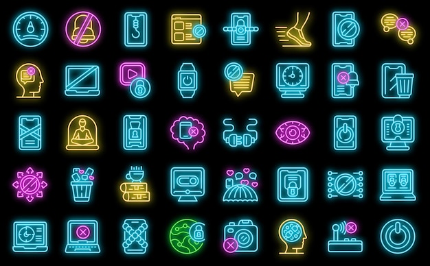 Digital detox icons set vector neon