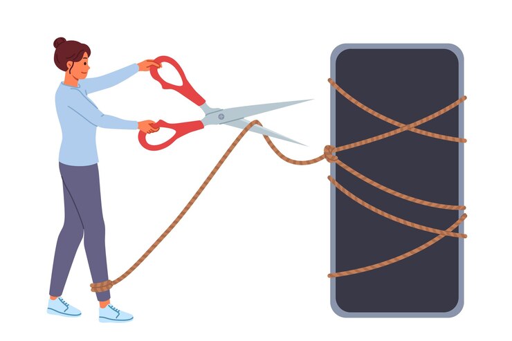 Vector digital detox is done by woman with mobile phone cutting rope with scissors to get rid of addiction