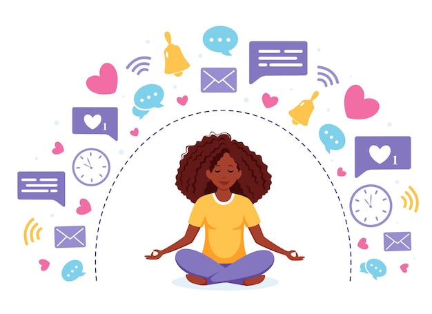 Digital detox and meditation black woman meditating in lotus pose