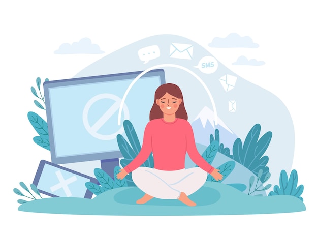 ベクトル デジタルデトックス。蓮華座の女性は瞑想し、インターネット、電話、ソーシャルネットワークから休憩します。オフラインライフベクトルの概念を切断します。オフラインのデジタルソーシャルメディア、漫画の瞑想