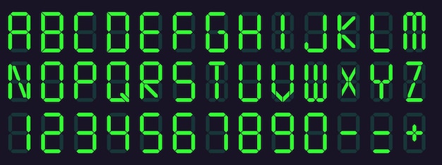 デジタル表示フォント。目覚まし時計の文字と数字、電子アルファベットとレトロな電卓画面記号セット