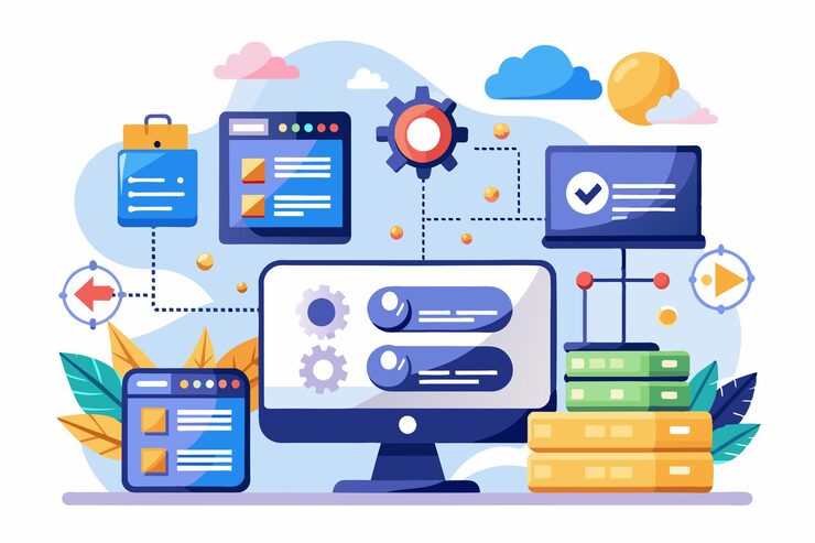 Вектор цифровой дисплей показывает инструменты управления данными хостинга веб-сайта и различные соединения для оптимизации данных хостинга сайта