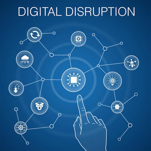 Digital disruption concept blue background technology innovation iot digitization icons