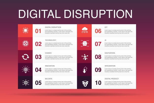 디지털 파괴 인포그래픽 10 옵션 템플릿입니다. 기술, 혁신, Iot, 디지털화 아이콘 간단한 아이콘