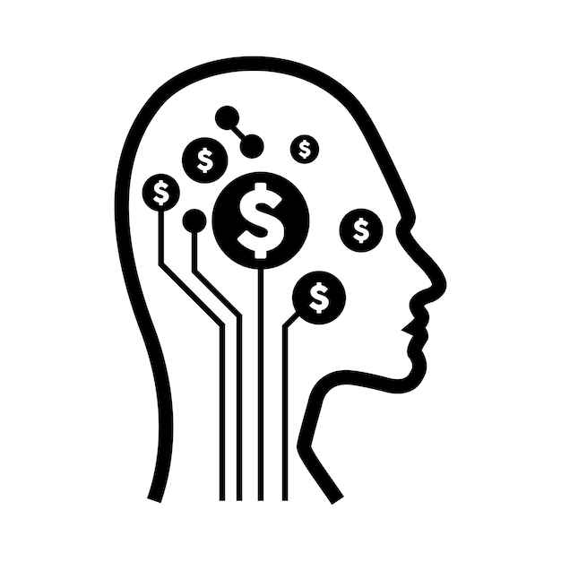 A digital dollar sign icon is displayed on a futuristic human profile face with a brain chip implant