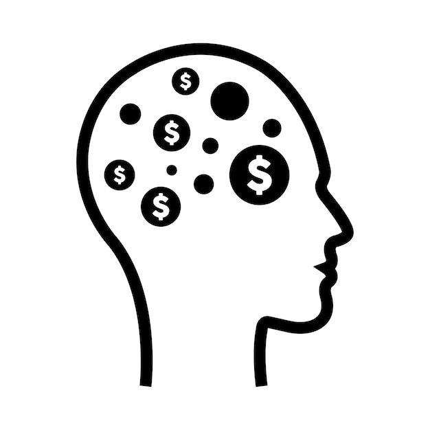 The digital dollar sign icon is on a futuristic human profile face with an implanted brain chip AI