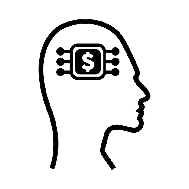 The digital dollar sign icon is on a futuristic human profile face with an implanted brain chip AI