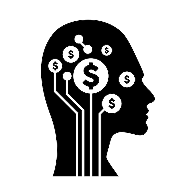 Digital dollar sign symbol on futuristic human profile brain chip implant Artificial Intelligence