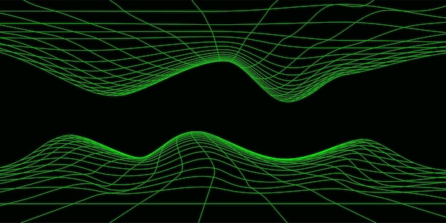 Digital double wavy wireframe landscape in acid green\
futuristic linear undulating terrain retro futurism concept digital\
cyberspace in mountains with valleys vector illustration