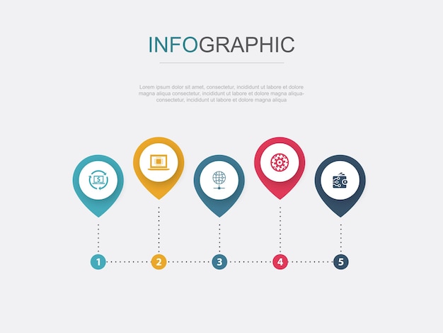 Digital economy computing technology worldwide network information technology digital wallet icons Infographic design layout design template Creative presentation concept with 5 steps