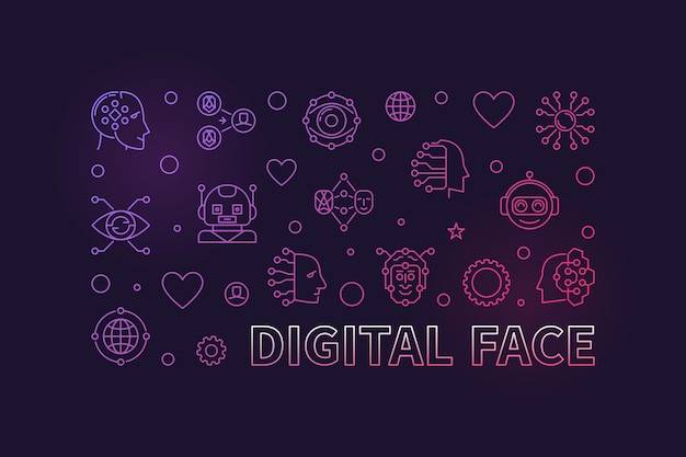 Digital Face concept line horizontal vector colorful banner AI Bot Technology illustration