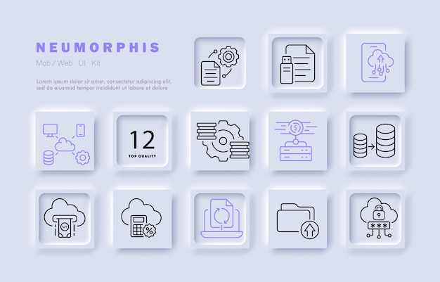 디지털 파일 관리 설정 아이콘 설정 클라우드 스토리지 재정 계산기 노트북 백업 폴더 데이터베이스 플래시 드라이브 전화 잠금 암호 비즈니스 개념 Neomorphism 벡터 라인 아이콘