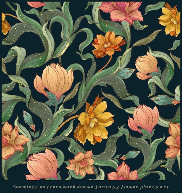 벡터 디지털 꽃 무 ⁇  패턴 판타지 꽃과 과일 손으로 칠한 초록색 잎 파스텔 꽃 과일과 추상적인 모양의 디자인 인쇄 스크 ⁇ 북 종이에 대한 일러스트