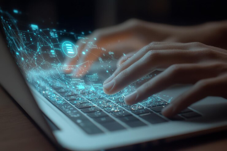 Vector digital flow data stream on laptop keyboard