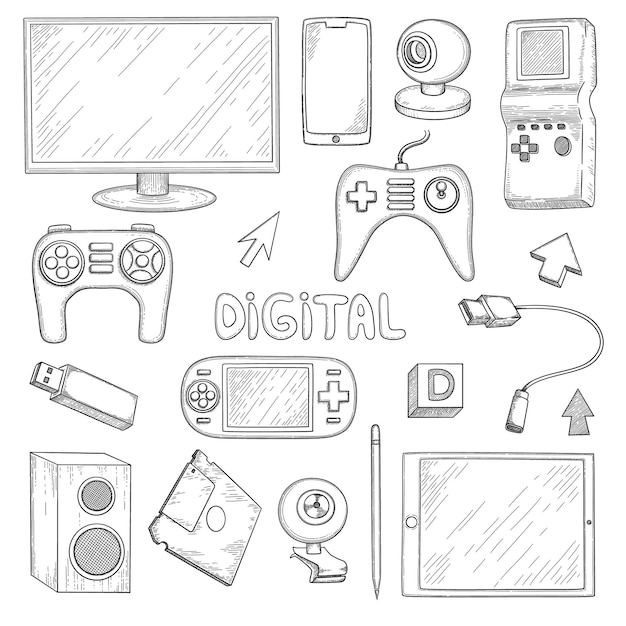 Vector digital gadgets. computer pc laptop notebook smartphone earphones headset electronic technology vector doodle hand drawn collection