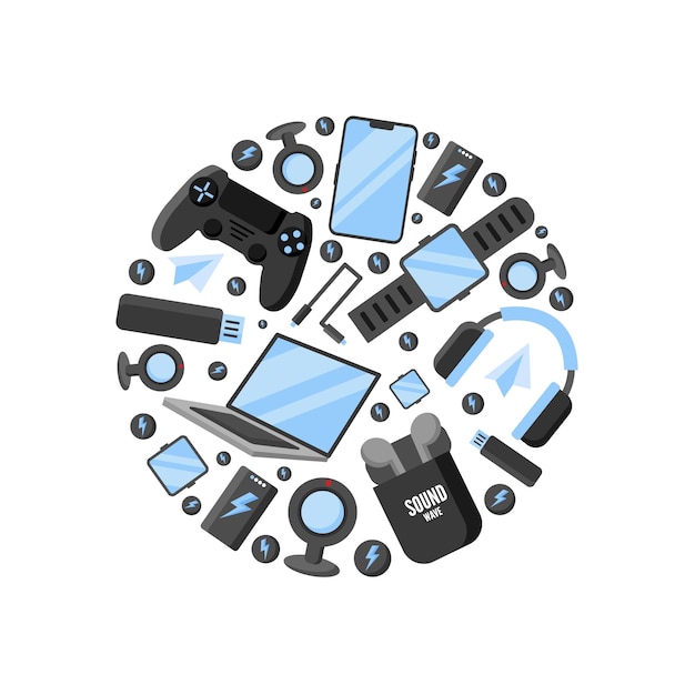 Digital gadgets modern electronics items located in a circleshaped templatevector flat cartoon graphics