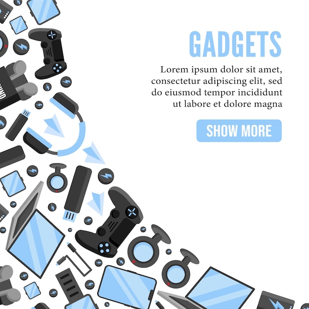 Digital gadgets modern electronics items located in a cornershaped templatevector flat cartoon graphics