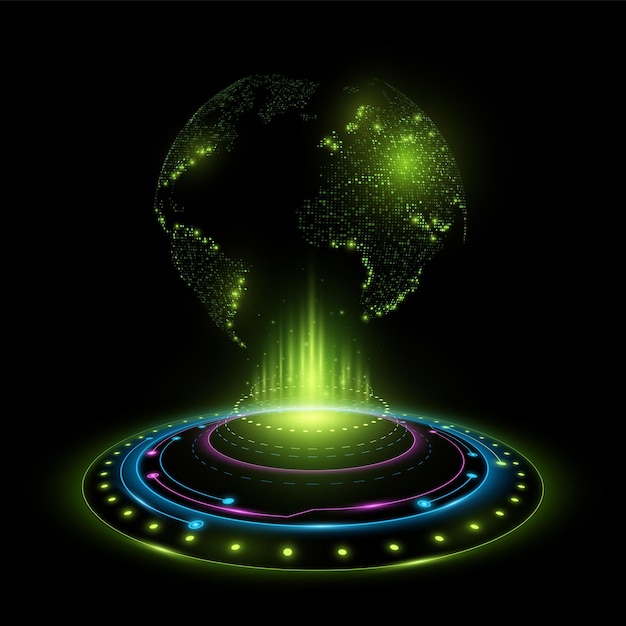 Digital glowing HUD circle with planet Earth globe Scifi element and futuristic world map Modern technology background Vector illustration