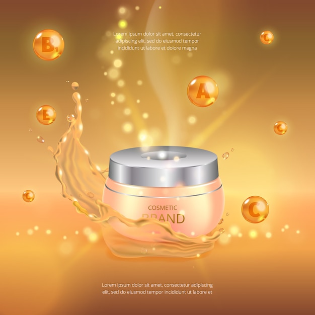 Vector digital golden oil essence jar, template branding