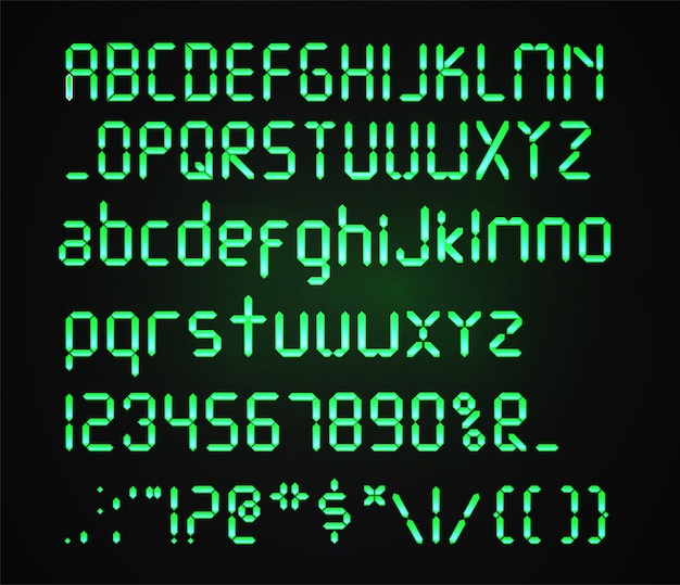 暗い背景に分離されたデジタルグリーンフォント。熱烈な現実的なデジタルアルファベット。目覚まし時計の手紙。デジタル時計やその他の電子機器用に設定された数字と文字。