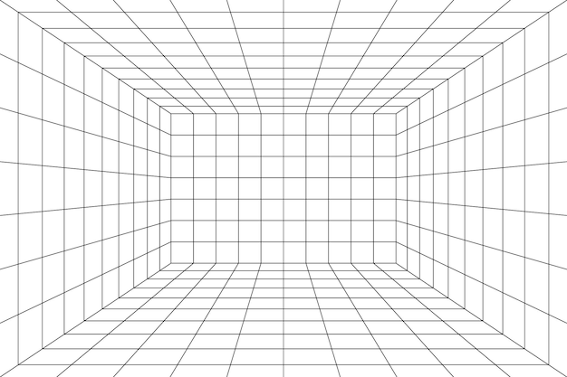 벡터 1점 투시가 있는 3d 공간 공간의 디지털 그리드