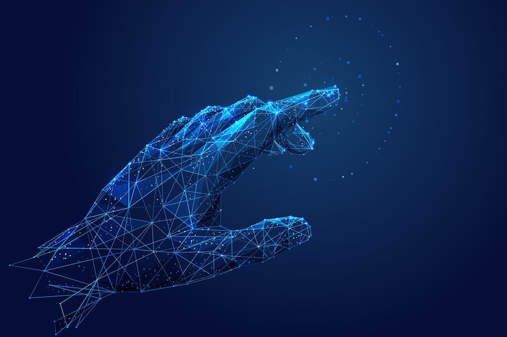 Vector digital hand touching technology polygonal wireframe art