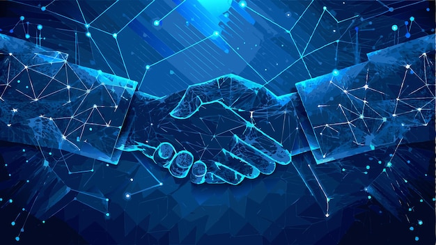digital handshake on blue technology background vector illustration with modern design elements