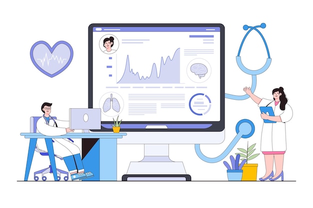 Vector digital health monitoring and telemedicine concept with person accessing medical records