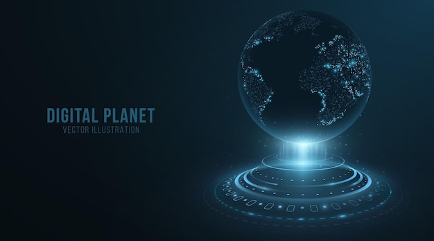 Цифровая голографическая планета с элементами HUD. Голограмма земного шара. 3D футуристическая карта мира в киберпространстве со световыми эффектами. Векторная иллюстрация. EPS 10