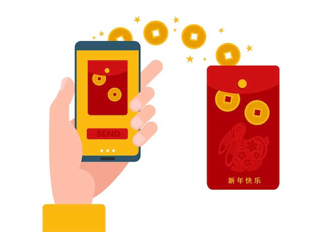 Цифровой хунбао онлайн мобильный перевод китайский традиционный подарок ангпао в телефоне смартфон в руке