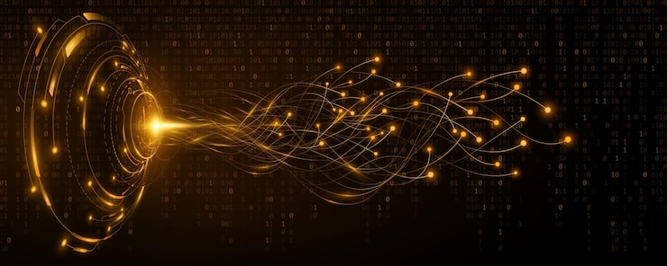 Vector digital hud circle with glowing neural connectors into cyberspace flowing binary code neural network in web space big data ai visualization vector illustration