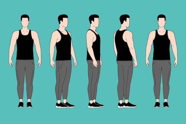 A digital illustration featuring a fiveview character design of a fitness trainer