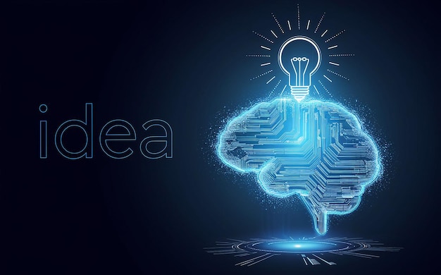 Digital illustration featuring a glowing blue brain and a light bulb