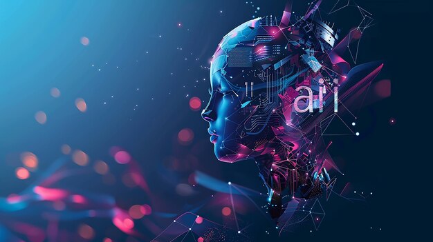 Vector a digital illustration of a female robot with a purple background and a womans face