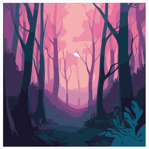 Vector a digital illustration of a forest with a pink sky and a moon in the sky.