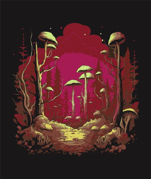 A digital illustration of a forest with a stream in the middle and a mushroom on the bottom.