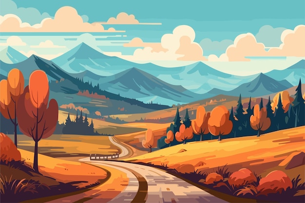 a digital illustration of a landscape with mountains and trees.