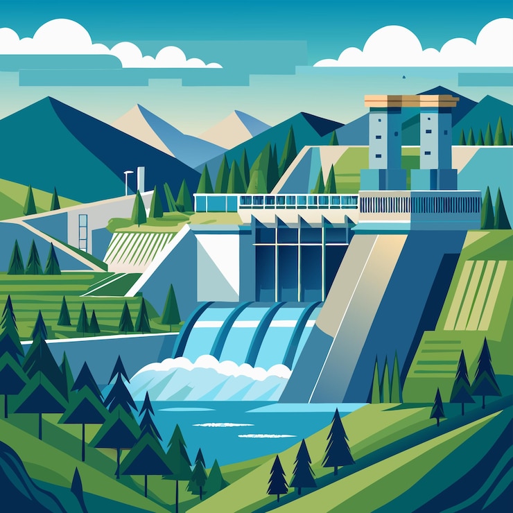 Vector a digital illustration of a large dam with a river and mountains in the background