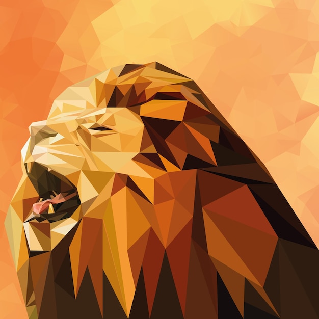 LowPoly 스타일로 만든 오렌지색 배경의 사자 머리의 디지털 일러스트레이션