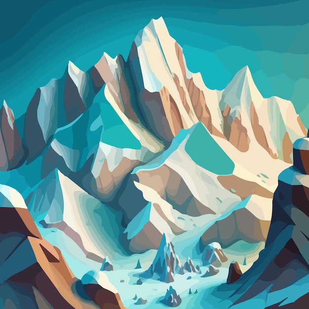 A digital illustration of a mountain range with a blue background.