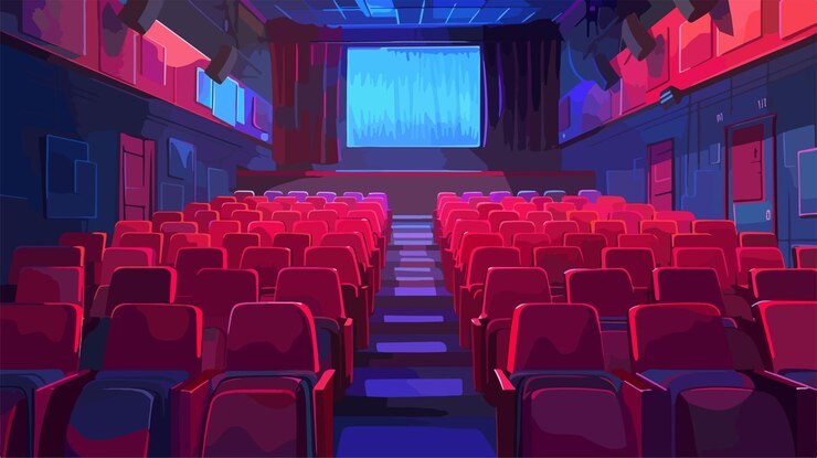 Vector a digital illustration of a movie theater with a red chair in the foreground