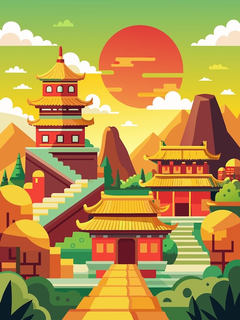 a digital illustration of a pagoda with a sunset in the background