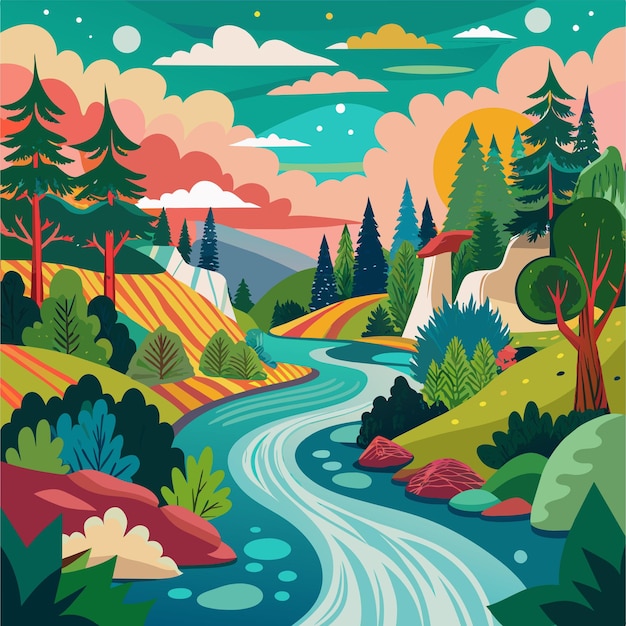 a digital illustration of a river with a river running through it