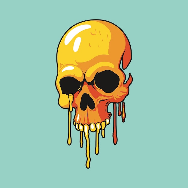 Vector digital illustration of a skull with dripping yellow paint on a light blue background